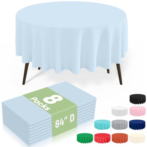 Image of misaya 8 Packs Disposable Plastic Table Cloth, 84 inch Round Waterproof Tablecloth, Leakproof & Sturdy Decorative Table Covers for Picnic, Party, Outdoor and Back to School, Baby Blue