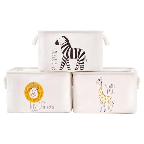 DECOMOMO Storage Baskets for Shelves 25.5L Canvas Storage Bin for Baby Laundry, Kids Toys, Nursery- Closet Storage Bins for Shelves (Lion, Zebra, Giraffe – 3 Pack / Large) Cover