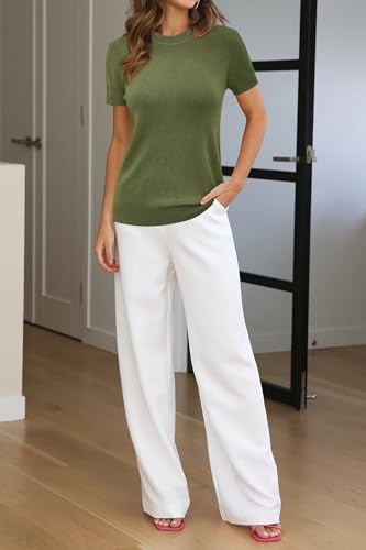 Image of Arach&Cloz Women's Lightweight Wool Blend Short Sleeve Sweater Top Business Casual