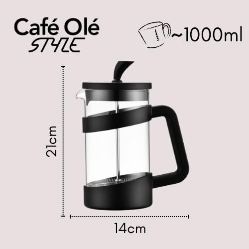 Café Olé Style Cafetière, 1 Litre 3 Cup Plastic and Glass French Press Coffee Maker, Black, VMP-10F