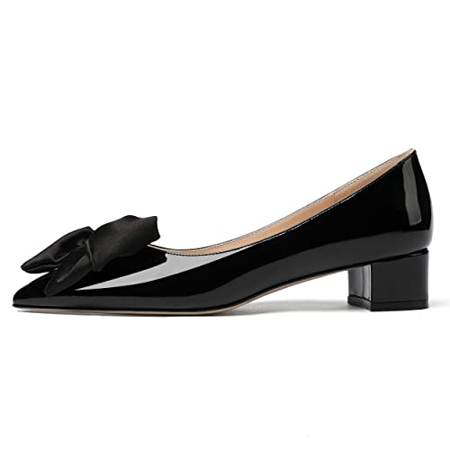 WAYDERNS Women's Pointed Toe Slip On Block Patent Bow Chunky Low Heel Pumps Shoes 1.5 Inch2