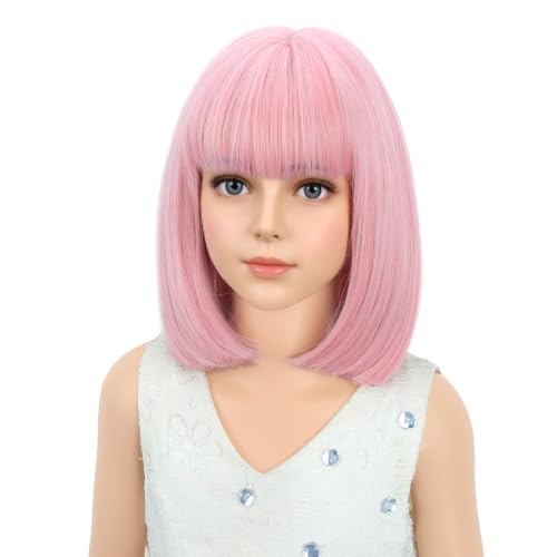 Image of PATTNIUM Light Pink Bob Wig for Girls Short Bob Wig with Bangs Synthetic Heat Resistant Wig with Wig Cap