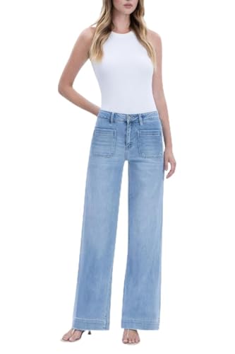 Flying Monkey - High-Rise Front Patch Pocket Wide Leg Trouser Jeans (32 Extra Long Inseam) - F5764N - Includes Official Tag - LT Size 28 Lightblue