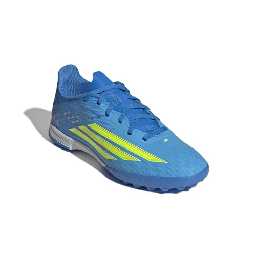 adidas Mixte Enfant F50 League Turf Football Shoes Kids, Lucid Ray Blue/Team Solar Yellow 2/Lucid Aquamarine, 35 1/2 EU