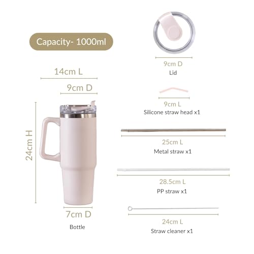 Image of Decorcrafts 1.2 Litre Tumbler with Handle Straw & Lid | Insulated Reusable Stainless Steel Water Bottle | Leak Proof Mug for Office, Gym, Travelling (White)