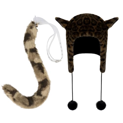 Gorro de invierno cálido con orejas de animales de felpa con cola peluda para mujer, sombrero de invierno con orejeras para mujer, disfraz novedoso de Navidad, Halloween, cosplay