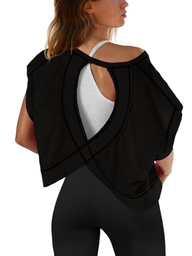 Image of SENSERISE Womens Open Back Workout Tops Backless Short Sleeve Athletic Shirt Running Crop Top Gym Yoga Tee