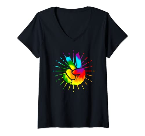 Mujer Signo de la paz retro símbolo de la mano Tie Dye 60s 70s Hippie Pattern Camiseta Cuello V