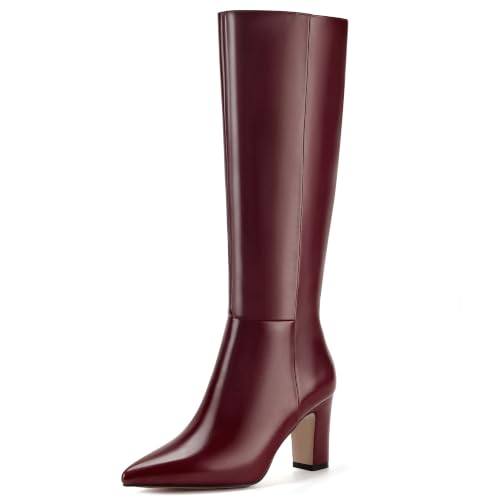 IDIFU Knee High Boots for Women High Heel Tall Fall Boot(Burgundy Pu, 9.5)