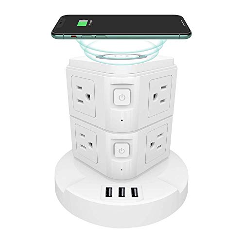XBA Surge Protector Power Strip Tower, Wireless Charging Station with 8 AC Outlets 3 USB Ports, 6.5ft Extension Cord Desktop Charging Tower for Home Office Smartphone Universal Socket Tower