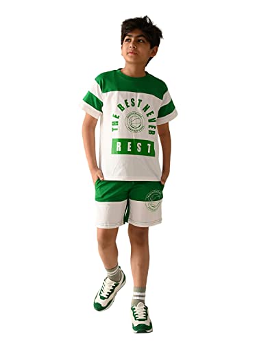 Image of LILPICKS Boys GraphicsText Printed T-shirt with Drawstring Shorts Set (White Green)