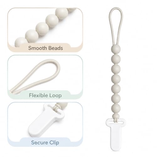 Image of 6 Pack Neutral Silicone Pacifier Clips for Boys and Girls, One Piece Beads Pacifier Clip Set with Durable Plastic Clip, Neutral Baby Pacifier Holder Set