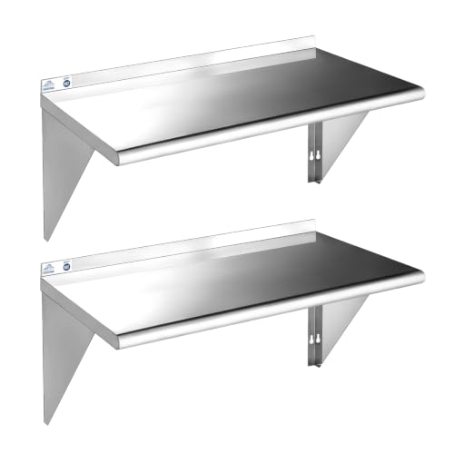 ROCKPOINT Stainless Steel Shelf 18 x 36 Inches 350lb, 2 Pack NSF Metal Commercial Shelves Wall Mount Floating Shelving with Backsplash for Restaurant, Kitchen, Home and Hotel, Silver