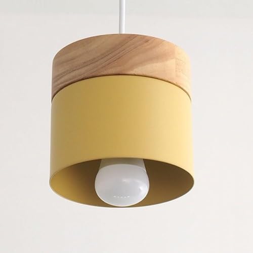 Lampada a Sospensione Moderno Lampadari In Legno Nordico con Cilindro In Metallo Sospeso A Soffitto Stile Industriale Colore Grigio Luce Pendente Cm per Camera da Letto Sala da Pranzo (Giallo)