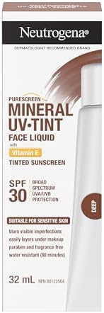 Neutrogena Purescreen+ Mineral UV Tint Face Liquid Sunscreen, Deep Skin Tone, SPF 30, Vitamin E, UV Protection, 32-mL