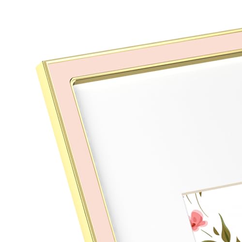 Image of eletecpro 11x14 Enamel Picture Frame with Real Glass Cover, Photo Frame with Gold Metal Edge Display Pictures 8x10 with Mat or 11x14 Without Mat for Tabletop and Wall Decor, Pink, 1 Pack
