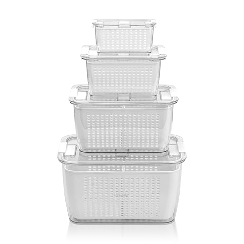 Crystals Fridge Organiser Storage Box Set of 4 Stackable BPA-Free Transparent Containers with Drain Tray & Air Vents for Kitchen Pantry & Refrigerator (White)