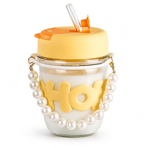Image of Glass Tumbler with Lid & Straw - 350ml, Set of 1, Pearl Handle, Leakproof Drinking Cup, Silicone Sleeve, Reusable Iced Coffee Cup for Water, Juice, Milk, Bubble Tea & Gifts