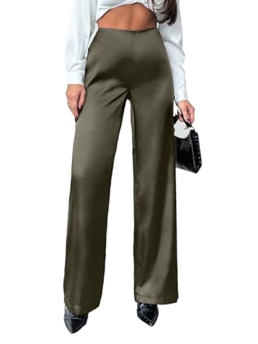 Womens Casual Long Pants Solid Color Satin Low Waist Wide Leg Pants
