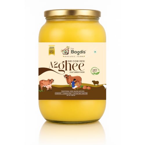 Image of The Bagdis Organic A2 Gir Cow Cultured Ghee | Vedic Bilona Method | Grass-Fed | 100% Organic & Farm Fresh Ghee Glass Bottle (1000ml) | Boosts Immunity & Digestion. Glyphosate Free.