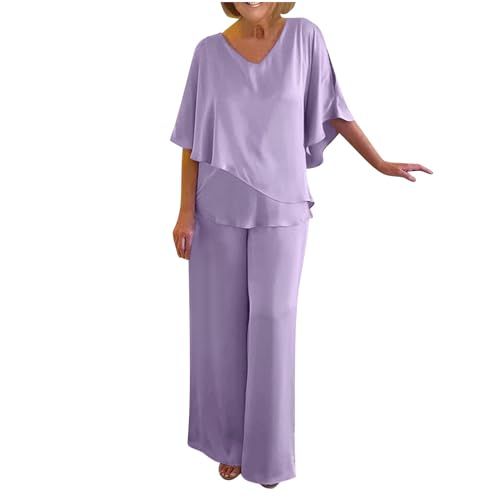 Womens 2 Pieces Satin Set Casual Loose Fit Flowy Summer V Neck Short Sleeve and Long Pants Wedding Guest Dressy Sets