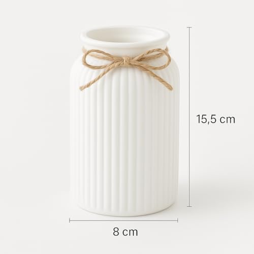 Image of Plastic Ribbed Decorative Vase with Jute Rope Top | Ceramic Look, Unbreakable Flower Pot for Centre Table, Balcony & Living Room Decor | Only Vase (No Flower) (White)