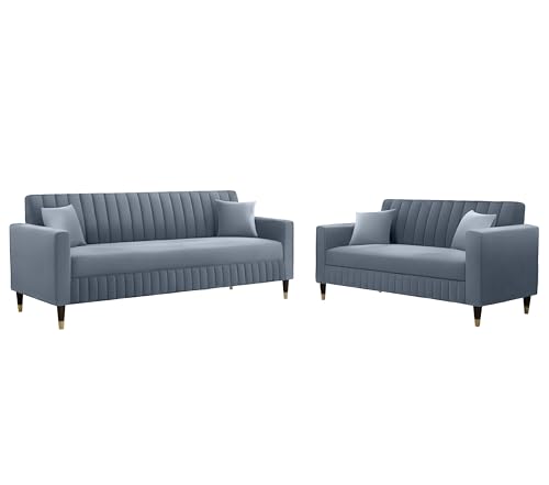 Image of AMATA Omega 3+2 Seater Sofa Set Light Grey Suede Velvet Fabric with Two Cushions Perfect for Home Office Guests Living Room (Omega Light Grey, 3+2 Seater)(3 Year Warranty)