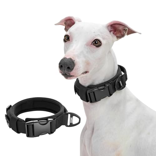 OneTigris Hundehalsband Kleine Hunde, Taktisches Hundehalsband mit Griff, Weich Gepolstert Breites mit Kunststoffschnalle und Ring aus Aluminiumlegierung, Schwarz, XS(25-33cm)