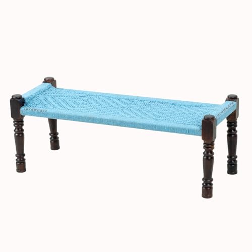 Image of Wooden Bench for Seating | Handcrafted Sheesham Wood Bench for Living Room, Balcony & Garden | Traditional Patio for Outdoor with Cotton Handwoven Rope | Blue