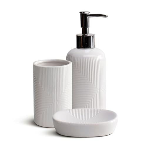 THE SECRET HOME─ Set de Baño de 3 Piezas ─ Conjunto de Acessorios para Aseo de Diseño Moderno─ Juego de Baño con Dispensador de Jabón, Vaso y Jabonera─ Diversos Modelos (Modelo 6- Blanco)