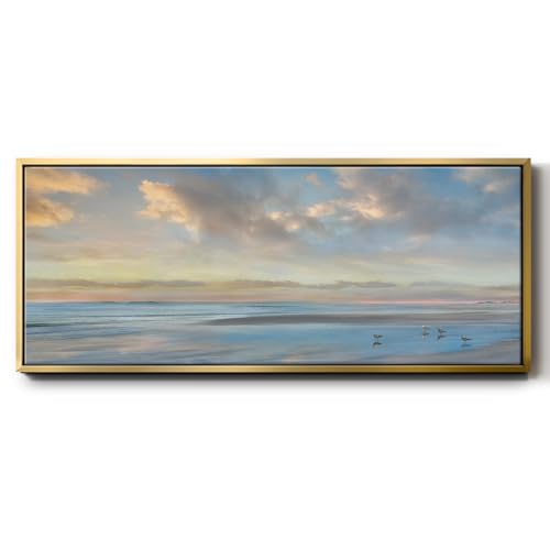 Renditions Gallery Floater Framed Wall Art Peaceful Ocean with Cloudy Sky Canvas Painting and Prints for Office Lobby - 12"x30" Gold Frame LT618