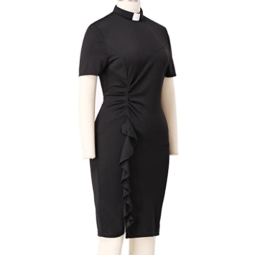 BLESSUME Church Clergy Women Tab Collar Dress Black Short Sleeve Mass Pencil Dress3