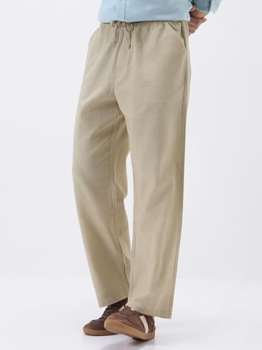 Image of Urbano Fashion Men's Loose Fit Solid Linen Blend Trousers Non-Stretchable