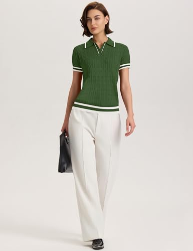 Image of Micoson Womens Short Sleeve Sweater Tops Lapel V Neck Polo Shirts 2026 Summer Cable Knit Loose Blouse Business Casual Outfits