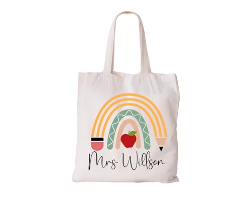 Bolso tote personalizado para maestro con diseño de arco iris y manzana miniatura 1
