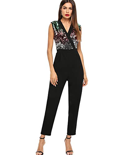 Romwe Women's Stretchy Sparkle Sequin V Neck Sleeveless Ankle Length Pants Cocktail Party