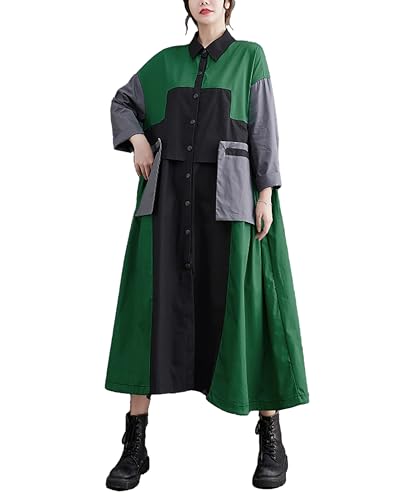 ellazhu Women's Shirt Dress Button Down Lapel Color Block Two Side Pockets Loose Oversize Fall GZ246