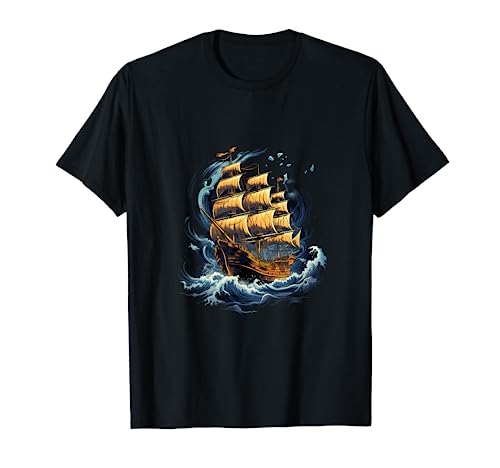 Pirata Barco Tormentoso Mar Océano Ola Navegación Camiseta