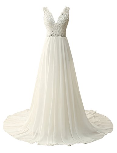 JAEDEN Beach Wedding Dress for Bride Chiffon Bridal Gown Lace Appliques Beading Ivory
