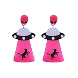 MALOYANVE UFO Aliens Earrings for Women Weird Flying Spaceship Acrylic Lightweight Statemment Dangle Drop Earrings Glitter Universe Life Animals Birthday Party Jewelry Gifts (Cat)