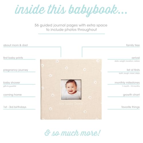 Image of Pearhead Daisy Print First 5 Years Baby Memory Book, 4x6 Photo Insert | 56 Guided Pages, Baby Milestone Journal Book, Photo Insert Cover, Flower Print
