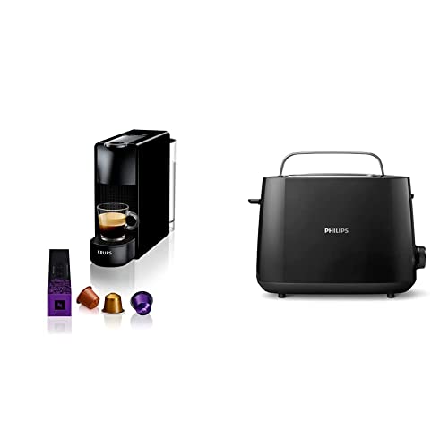 KRUPS Nespresso Essenza Mini noir Machine à café, 0,6 L, 19 bars, Cafetière à capsule de café, Barista, 2 tailles de tasse, Espresso & Philips Grille-pain - 2 Fentes, 8 Réglages