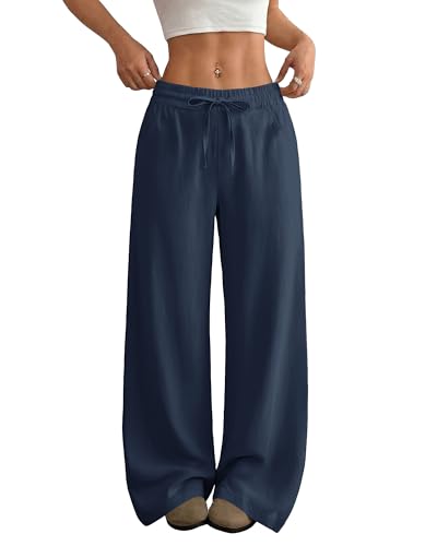 Image of SEMARO Womens Casual Linen Wide Leg Pants Flowy Drawstring High Waist Palazzo Beach Vacation Trousers