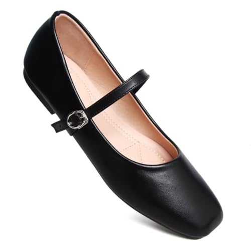 Image of TN TANGNEST Leather Flats for Women Retro Mary Jane Flats | Comfortable Square Toe Slip On Flats with Buckle Strap, Soft Work Flats Office Shoes