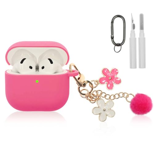 Compatible with AirPods 4 Case 2024, Premium Soft Silicone Protective Case Cover for Apple AirPods 4th Generation with Cleaner Kit, Carabiner and Keychain Accessories for Women Girls (Rose Red)