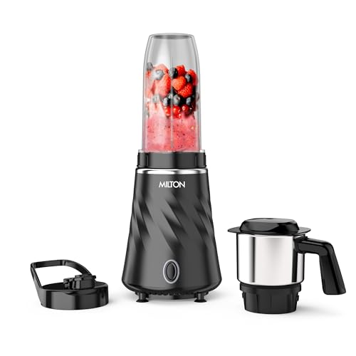 Milton Appliances Miniq Mini Bullet Mixer Grinder I ISI Certified I Smoothie Maker & Blender I SS Jar & On-the-Go Jar I Powerful HTLV 350W Motor, Anti Skid Feet | For Juices, Smoothies, Chutney, Black