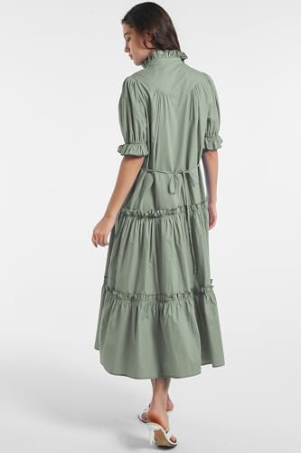 Image of D-Sun Women Casual Button Down Maxi Dress Short Puff Sleeves Stand Collar Tiered Elegant Flowy Swing Long Dress with Tie