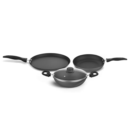 Preethi Daily Collection Non Stick Set, 28 cm Tawa, 24 cm Fry Pan, Kadai 24 cm, with Glass Lid, 5 Star Non Stick Effect, Grey
