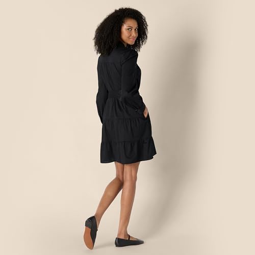 Image of Amazon Essentials Women's Regular-Fit Cotton Sateen Tiered Shirt Dress with Puff Shoulder Sleeves, Collar Band, Button-Front