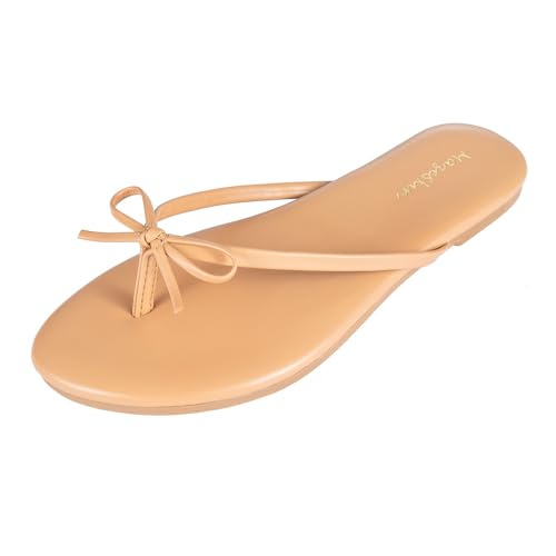 mazeskin Womens Bow Flip Flips Memory Foam Vegan Leather Summer Cute Thong Flat Sandals for Beach Dressy Slides Shoes Taupe US8